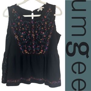 Umgee Embroidered Boho Sleeveless Top – Floral Folk Stitching, Black, Size XL